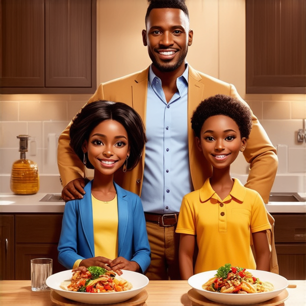 famille afro-américaine joyeuse et souriante, posant pour une photo autour d'une table de salle à manger élégamment dressée avec un assortiment de plats délicieux et hauts en couleur, dans une grande cuisine moderne aux lignes épurées avec des touches de design contemporain et un éclairage doux qui crée une ambiance accueillante