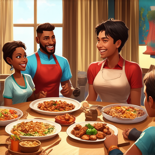 Repas de famille afro-américaine chaleureux et convivial, avec un grand assortiment de plats traditionnels soul food sur une grande table en bois, entourée de membres de la famille riant et partageant des moments ensemble dans une salle à manger bien éclairée et décorée pour l'occasion