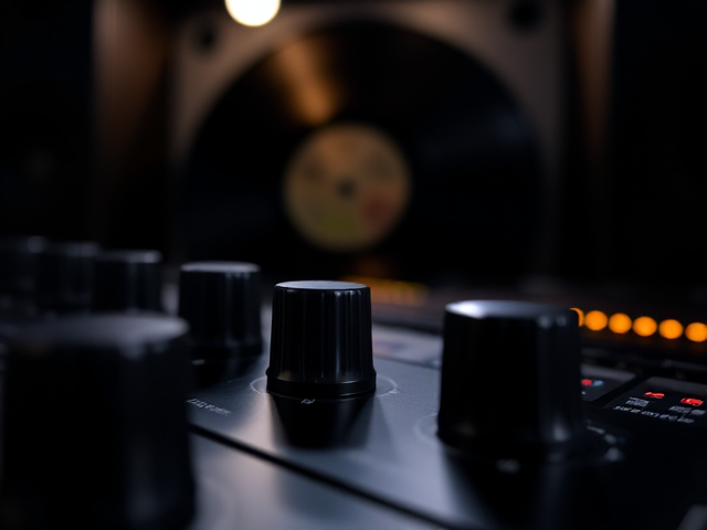 Image sur les boutons qui règlent le volume dans un studio avec un vinyle derrière dans un studio