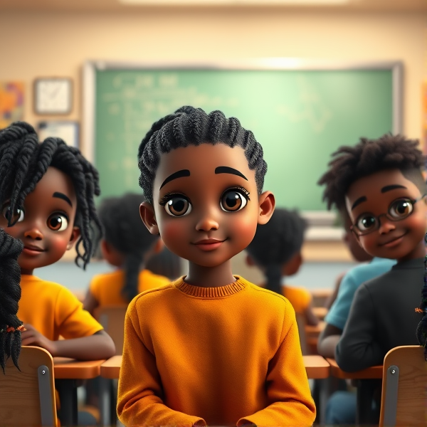 des filles noires avec des tresses africaine et garçons assis dans une classe face au tableau