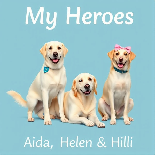 create poster with My Heroes. On the bottom says Aida, Helen & Hili. The poster has three female dogs. one dog is beautiful white cross-breed labrador and golden retreiver guide dog standing with a smile and wagging tail with blue name tag says Aida. next to her is laying a light colored beautiful labrador with red name tag that says Helen. Helen's long ears are a bit darker at the bottom. next to Helen sits a beautiful light colored slim labrador with long ears smiling with a pink bow in hair and pink name tag Hili. Hili is not a puppy