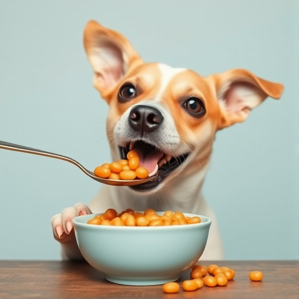 A dog eating beans with a spoon