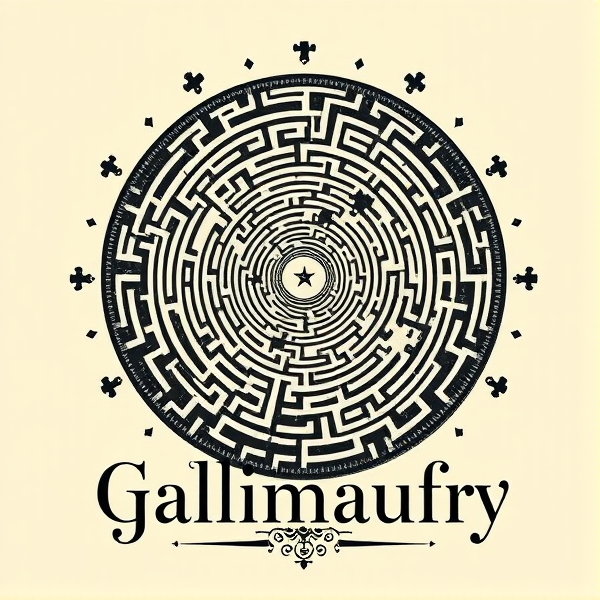 Design a sophisticated and artistic t-shirt graphic for "Gallimaufry," a literary journal, showcasing elements that symbolize paradoxes and puzzles. The visual should include an intricate labyrinth design juxtaposed with an optical illusion that defies expectation, embodying the essence of paradox. Feature enigmatic puzzle pieces subtly integrated into the labyrinth pattern, complemented by elegant typographic representation of the journal's name 'Gallimaufry' in a font that reflects a mysterious or enigmatic aura. The color scheme should be balanced and appealing to literary enthusiasts, with a hint of vintage charm to align with the intellectual theme.