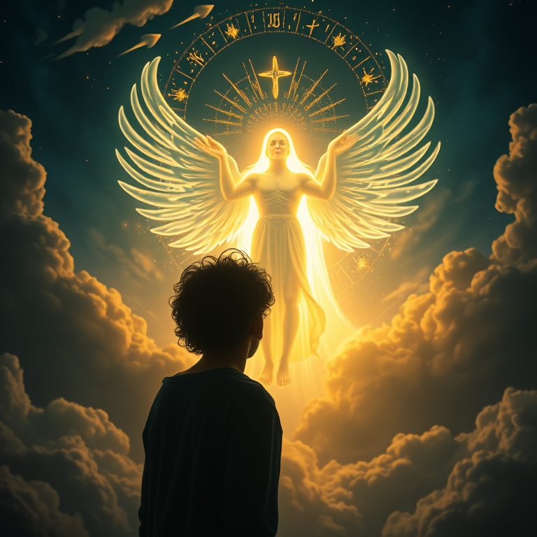 Envision a serene tableau where a mortal beholds an ethereal, divine entity within a celestial domain, basked in the soft, warm glow of golden light emanating from the divine being, casting a hallowed aura on the wonderstruck human