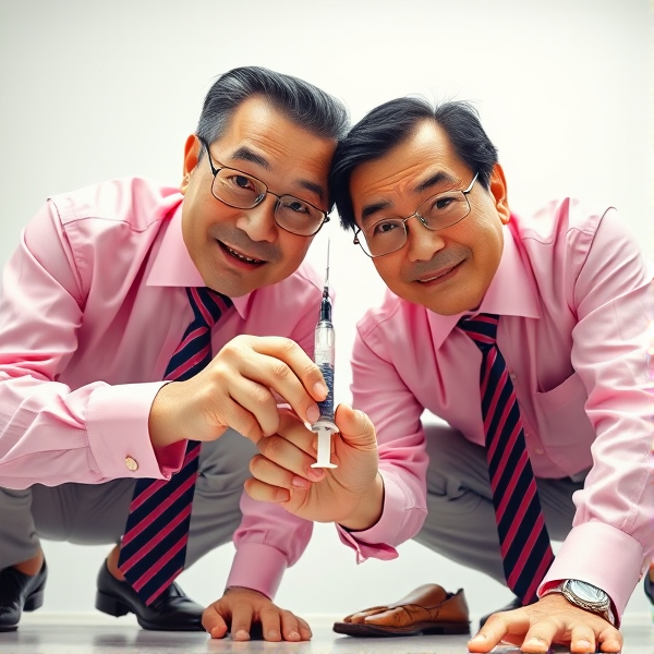 Deux hommes d'affaires japonais senior , vêtus de chemises roses, sont accroupis. Ils arborent des cravates longues et soyeuses avec des rayures bleues et rouges. Leurs regards sont fixes, pénétrants et pleins d'assurance vers l'objectif de la caméra. Les hommes plantent  une seringue profondément dans le cerveau comme s'ils allaient injecter une drogue .La prise de vue est en contre-plongée pour accentuer leur présence imposante
Sourire 
Cerveau