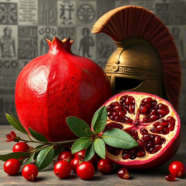 Pomegranate next to a Greek helmet