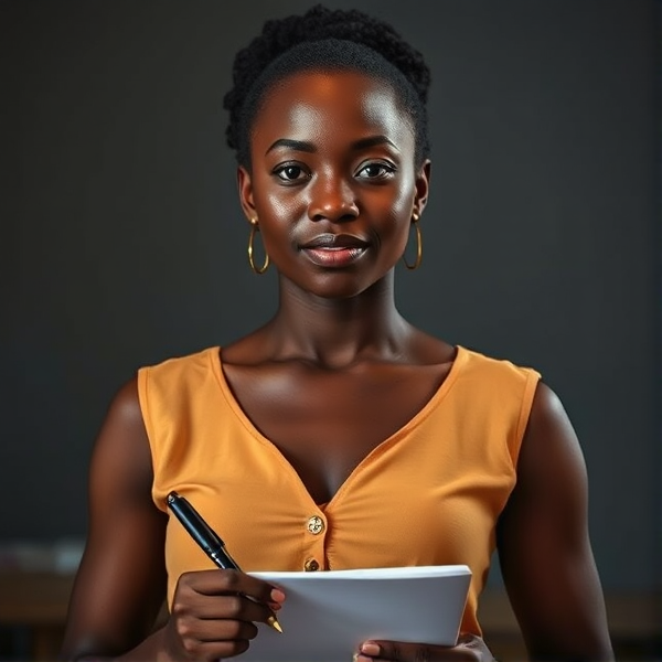 jeune femme africaine vêtue d'un tailleur et tenant un classeur entre ses mains