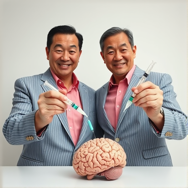 hommes d'affaires japonais d'âge mûr accroupis et en cravates rayées larges et des chemises roses. Ils fixent l'objectif de la caméra avec une expression sérieuse mais un léger sourire aux lèvres. Dans leurs mains, ils tiennent des seringues médicales, injectant un liquide fluo dans un cerveau humain posé à leurs pieds, en dehors du champ de vision direct. La prise de vue est en contre-plongée, mettant en valeur leur geste intrigant et leur posture imposante.
Accroupis en cravate sans veston