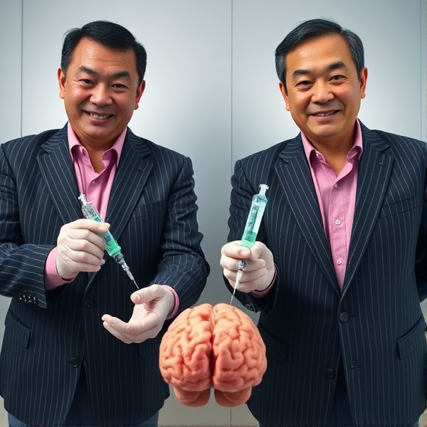 Deux hommes d'affaires japonais d'âge mûr sont accroupis et portent des cravates rayées larges avec des chemises roses. Ils fixent l'objectif de la caméra avec une expression sérieuse mais un léger sourire aux lèvres. Dans leurs mains, ils tiennent des seringues médicales, injectant un liquide fluo dans un cerveau humain posé à leurs pieds, en dehors du champ de vision direct. La prise de vue est en contre-plongée, mettant en valeur leur geste intrigant et leur posture imposante.
Accroupis en cravate sans veston