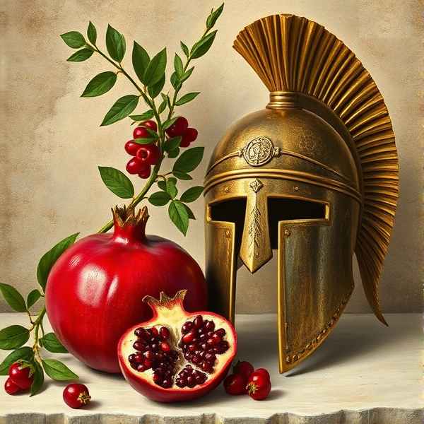 Pomegranate next to a Greek helmet