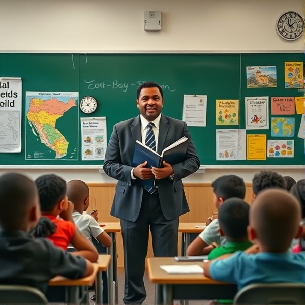 Directeur d'école afro-américain debout tenant un classeur dans ses mains portant un costume formel, dans une salle de classe avec un tableau vert, s'adressant  à un groupe d'élèves afro-américaines attentives de huit ans assises à leurs pupitres. Ils sont entourés de matériel pédagogique adapté à leur âge, comme des cartes géographiques, des affiches éducatives et des dessins d'enfants accrochés aux murs. La scène dégage une atmosphère chaleureuse et encourageante.