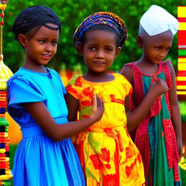 fête de famille africaine traditionnelle en plein air, avec des tenues colorées, un buffet de cuisine locale, danse et musique typique