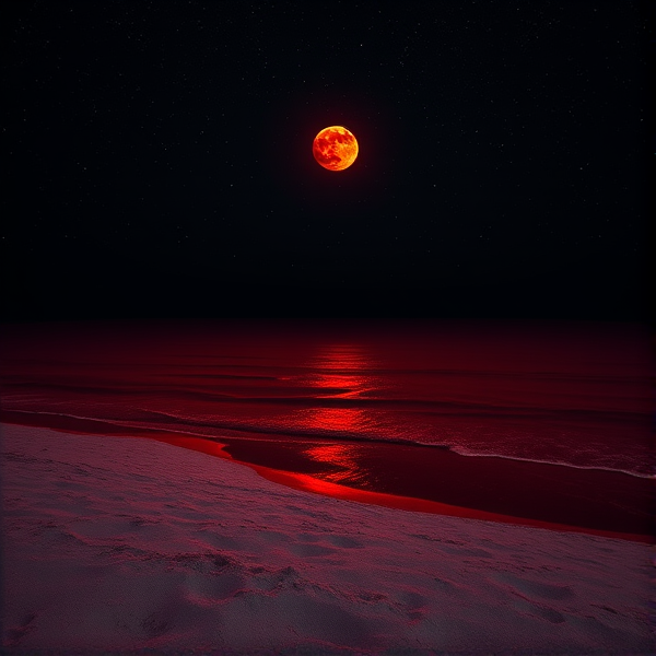 Fait une image très sombre... avec une plage , mais le sable c'est de la neige et la mer c'est du sang , donc rouge très foncée et très opaque. Avec un ciel noir étoilée ,ou même la lune est rouge