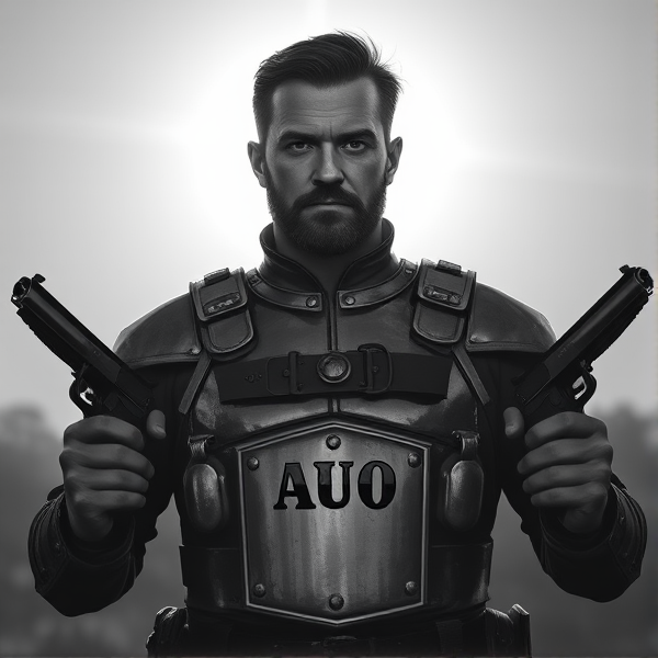 Ned Kelly, grey scale image, holding a pistol in each hand. "AUO" engraved on the metal armour chest piece.