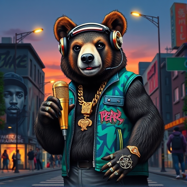 Un ours anthropomorphe ultra-cool adoptant une posture décontractée typique du hip-hop, avec un casque de DJ surdimensionné, noir mat avec des touches chromées brillantes, posé négligemment sur la tête et légèrement incliné. Il porte un gilet kangourou urbain, aux nuances de bleu électrique et vert acide, couvert de graffitis multicolores vibrant sous les spots LED qui l'éclairent. Le design complexe des graffitis fait écho à la scène hip-hop iconique, intégrant des éléments comme des micros enflammés et des enceintes stylisées. Dans sa patte droite, l'ours tient fièrement un microphone doré scintillant, son métal poli reflétant les lumières tamisées environnantes. Ses doigts sont ornés de bagues bling-bling massives serties de diamants artificiels brillants comme des étoiles.regard terrifiant,glauque,portable

Les multiples chaînes en or massif qui reposent autour de son cou épais arborent divers pendentifs représentatifs de la culture urbaine : une platine vinyle miniature finement ciselée, un petit graffiti en relief et même une réplique d'un signe "peace" serti de petits rubis rouges. L'expression faciale de l'ours est confiante et détendue, un sourire mielleux trahissant son plaisir à être au centre de l'attention.

L'arrière-plan dépeint une rue animée au crépuscule où le ciel indigo se mêle aux nuances oranges du coucher du soleil. Des bâtiments recouverts d’immenses fresques artistiques offrent un hommage vibrant aux icônes du rap : visages expressifs peints dans un style réaliste avec des jeux d’ombre et lumière saisissants. Des éléments comme des platines vintage, disques vinyles éparpillés et casques audio suspendus complètent cette toile urbaine.

Les lampadaires diffusent une lumière douce mais précise qui illumine les contours des objets sans affaiblir leur intensité colorimétrique. Des passants admiratifs aux looks streetwear avancé jettent des regards envieux vers notre protagoniste ours, renforçant ainsi son statut emblématique dans ce décor vivant.