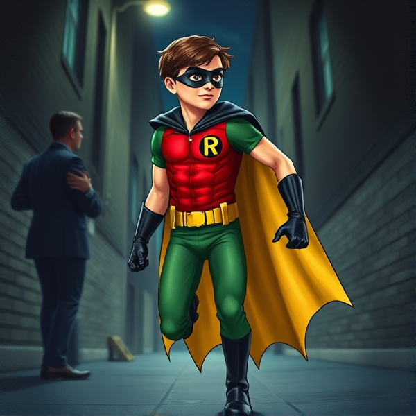 Movie Scene: A medium, preteen 12-year old boy with light skin and dark brown hair named Connor Bardley, but dressed as Robin, The Boy Wonder, with an extremely muscular body, a sleek green suit with a red torso with a black circle with a yellow R symbol on his left pectoral, a gold utility belt, black boots, black long-cuffed gloves, a big, heel-length, ultra-wide cape that's black on the outside and yellow on the inside, and a black eye mask. He has a special code: HE DOES NOT KILL. Young 12-year old Connor Bardley, now Robin, The Boy Wonder, is in a dark alley at night, fighting a criminal and saving the citizen being threatened.