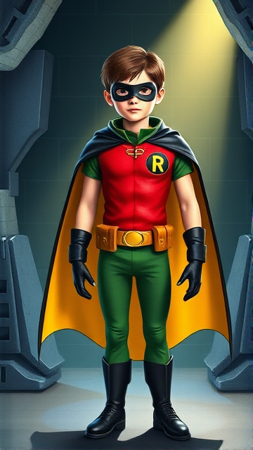 Movie Scene: A medium, preteen 12-year old boy with light skin and dark brown hair named Connor Bardley, but dressed as Robin, The Boy Wonder, with an extremely muscular body, a sleek green suit with a red torso with a black circle with a yellow R symbol on his left pectoral, a gold utility belt, black boots, black long-cuffed gloves, a big, heel-length, ultra-wide collared cape that's black on the outside and yellow on the inside, and a black eye mask, standing in his secret high-tech underground lair, the Bird Cave, ready for action.