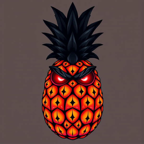 Conception d'un logo élégant incorporant un ananas de couleur orange,jaune,rose stylisé avec des détails gothiques marqués pour une atmosphère sombre et intimidante. L'ananas doit intégrer des ornements victoriens, agrémenté de symboles ésotériques discrets. Sa texture évoque le cuir noir raffiné, rehaussée par des épines tranchantes et prononcées. Les yeux de l'ananas projettent une lueur rouge intense qui suggère une présence malveillante. Le design global est sophistiqué, destiné à un public adulte, imprégné d'un mystère victorien avec des touches d'occultisme subtil.