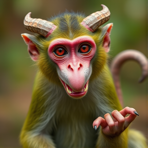 Green monkey with long pink snout with fangs on the end of the snout , tail with hand on the end of it, horns, and red eyes
