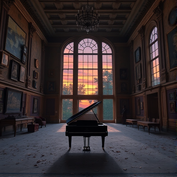 An abandoned embassy ballroom in the twilight, walls adorned with cultural artifacts from around the world now covered in a layer of dust, a lone grand piano sits at the center of the room, its lid open as if waiting for a musician that never came; through tall, arched windows, a dusky sky streaked with orange and purple hues casts long shadows, conveying a profound sense of loneliness within once vibrant halls; realistic style with sharp focus and attention to intricate details like the textures of aged wood and fabric, and the reflective surface of the untouched piano keys