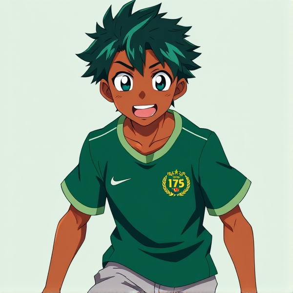 Jeune homme de 19 ans à la peau noire, avec des locks de couleur verte foncé. Il est vêtu d'un maillot vert foncé vibrant aux détails bien visibles, accompagné d'un short gris clair. Son apparence s'inspire du style anime dynamique et exagéré caractéristique de la série "Inazuma Eleven". L'image doit capturer l'énergie et l'expression typiques des personnages de cette série animée.