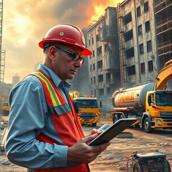 Asbestos assessor troubleshooting a job site whereby and Asbestos lines building has been bred by fire and collapsed to ground within the photo excavators and trucks and a water truck hosing down the Asbestos on the ground. Asbestos deploy his air monitoring pumps.