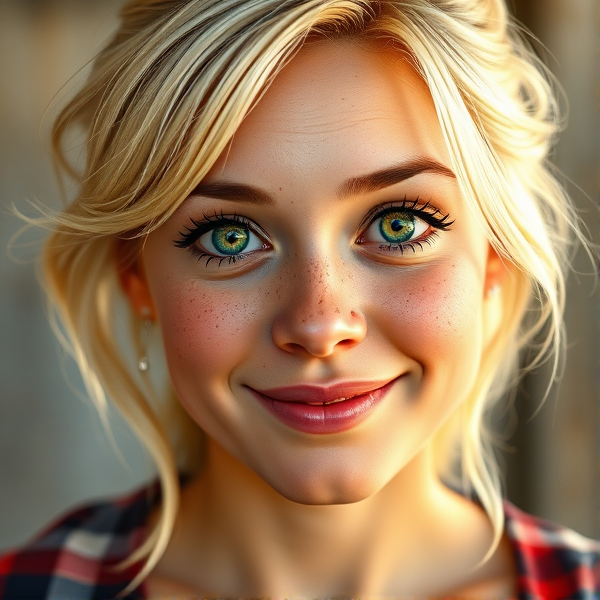 Thicker blonde headed woman with freckles and green eyes. Country singer. Happy, rounder cheeks.