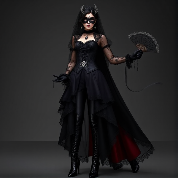 ### **Herrscher of Deceit: Dark Coquette Outfit**

**Overall Concept:**
The Herrscher of Deceit’s outfit is a blend of dark elegance and sinister charm, inspired by the “dark coquette” aesthetic. This style combines flirtatious, feminine elements with an ominous, gothic twist, perfectly suiting the Herrscher’s deceptive and alluring nature.

#### **Headwear:**
- **Veiled Headdress**: A delicate, lace-trimmed veil is attached to a headpiece that resembles a dark, ornate crown or tiara. The veil partially covers the face, adding an air of mystery, while the crown is adorned with small, polished onyx stones and subtle serpent motifs that mirror the mask's design.

#### **Upper Body:**
- **Corseted Bodice**: The bodice is form-fitting and elegantly structured, made of rich, black velvet with intricate embroidery in deep crimson and silver. The corset laces up the front with thin, silken ribbons, accentuating the Herrscher’s figure while providing an air of refined yet dangerous allure. The fabric shimmers faintly under light, adding a touch of mesmerizing glamour.

- **Puffed Sleeves**: The sleeves are slightly puffed at the shoulders, with sheer black lace that tapers down to fitted cuffs around the wrists. The lace is patterned with subtle, serpentine designs, and the cuffs are adorned with small, glimmering gemstones that catch the light with every movement.

#### **Lower Body:**
- **Layered Skirt**: The skirt is a multi-layered creation, combining different fabrics to create a cascading effect. The top layer is a dark, sheer tulle with a subtle shimmer, which flows over a heavier, satin underlayer in deep crimson. The hem of the skirt is asymmetrical, shorter at the front to reveal high-laced boots and longer at the back, forming a dramatic train that drags slightly on the ground.

- **Bustle Detail**: At the back, a small, structured bustle adds volume and a touch of coquette charm, giving the outfit a more flirtatious silhouette. The bustle is decorated with ribbons and lace, with a hidden compartment where small, illusionary trinkets or weapons could be concealed.

#### **Footwear:**
- **Laced Boots**: The boots are knee-high, made of glossy black leather with intricate lacing up the front. The heels are high and slender, adding to the overall elegance of the outfit, while the soles have a subtle serpentine pattern that leaves a faint, deceptive trail behind.

#### **Accessories:**
- **Lace Gloves**: The Herrscher wears elbow-length gloves made of the same sheer, black lace as the sleeves. The gloves are fingerless, with rings attached to the middle fingers, each bearing a small, reflective gemstone that could be used to create minor illusions.

- **Choker Necklace**: Around the neck, a choker made of black velvet and delicate lace is adorned with a single, dangling teardrop-shaped gemstone, dark as night. The gemstone holds an enchantment, allowing the Herrscher to mesmerize those who gaze into it.

- **Belt with Chains**: A slim belt made of soft leather cinches the waist, with silver chains draping from it and connecting to various points on the skirt. These chains are both decorative and functional, holding small pouches or tools that the Herrscher might need to employ in their deceit.

#### **Cape:**
- **Shadow Cloak**: A long, flowing cloak made of shadowy, iridescent fabric that seems to shift and change in color as it moves. The cloak has a high collar and is fastened at the neck with a silver brooch in the shape of a coiled serpent. The inside of the cloak is lined with a soft, crimson fabric, contrasting with the dark exterior. The cloak billows dramatically with every movement, adding to the Herrscher’s imposing presence.

#### **Weaponry:**
- **Dagger or Fan**: The Herrscher carries a small, ornate dagger hidden within the layers of the skirt or a fan made of black lace and silver filigree. The fan can double as a weapon, with razor-sharp edges concealed within its delicate design, and can also be used to create small, illusionary gusts of wind.

This outfit blends the flirtatious and feminine elements of coquette fashion with the dark, gothic style that befits the Herrscher of Deceit. It’s both alluring and intimidating, a perfect representation of a character who uses charm and deception as their greatest weapons.