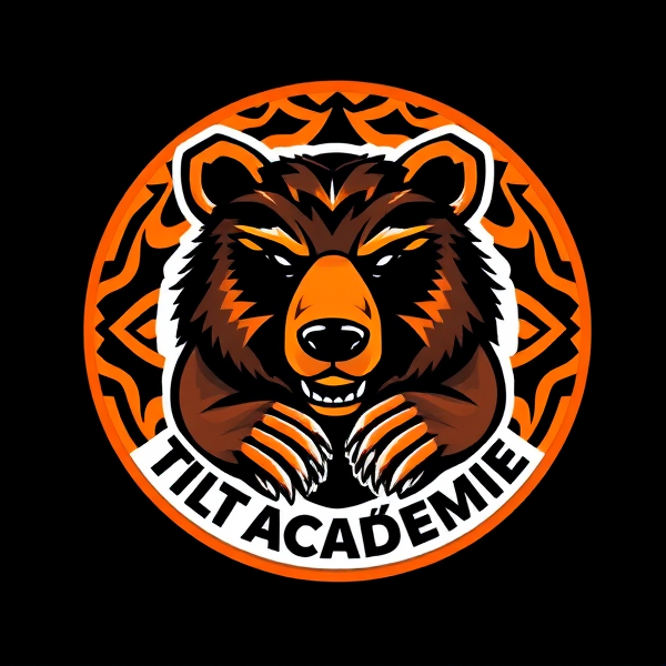 Prompt: Logo de club de football avec un bébé grizzly au centre, des motifs dynamiques et modernes, dominante de couleur orange avec des accents noirs, style emblématique et reconnaissable.le.nom Tilt académie en évidence dans le logo à l'entoure