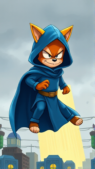 Miles 'Tails' Prower, but after the ancient heroic spirit personality within him has taken over his body, with his face now locked in a look of justice and anger, disguised in a big blue hooded cape draped around his obscured body with the hood keeping his face hidden in the shadows and covering his ears, calling himself the Chosen One, flying out of a portal to show his mysterious presence on the battlefield.