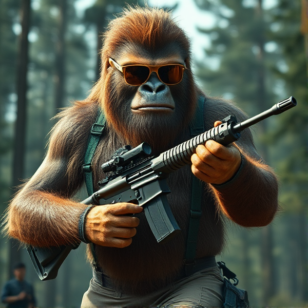 Big foot holding an assault rifle wearing sports glasses and 80s retro suspenders