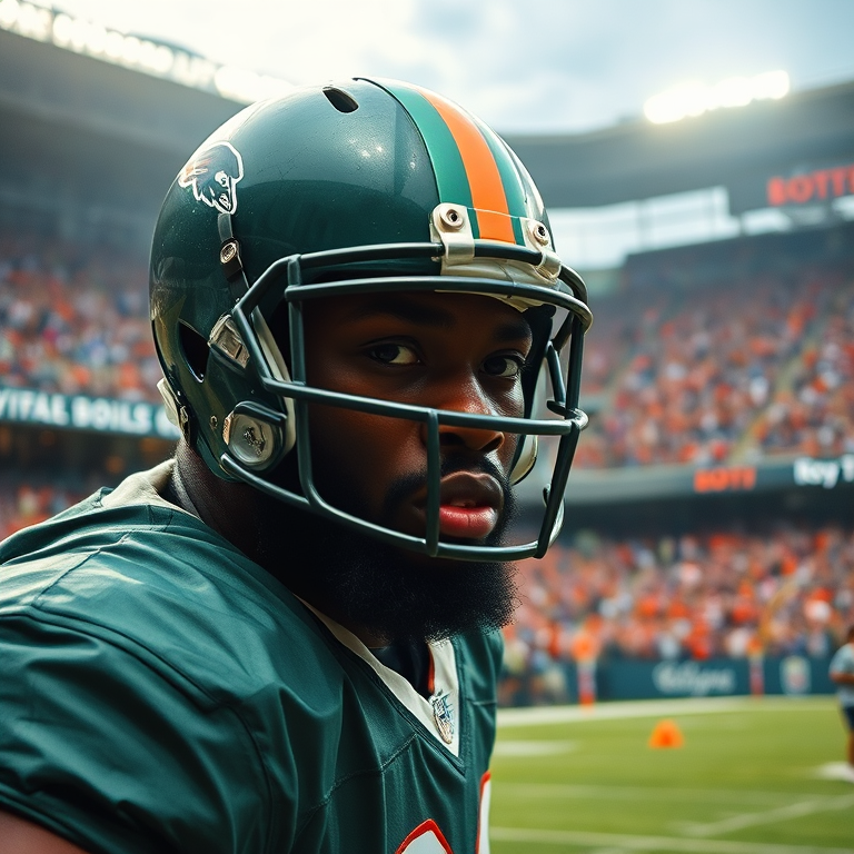 royce freeman, highly detailed portrait, sharp focus, vibrant colors, action shot of playing football in a stadium full of cheering fans