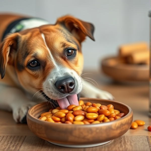 A dog eating beans