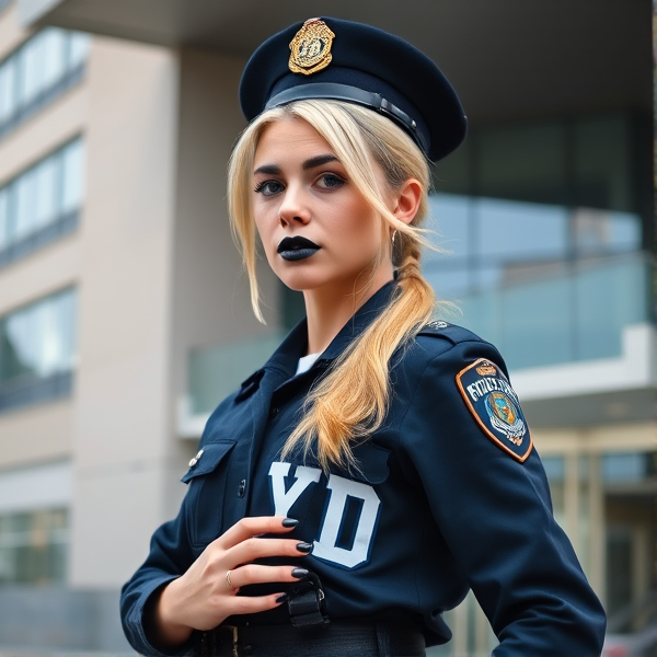 A pale skinned blonde hair tied back female 26 years old with black lipstick and black nail polish, wearing an NYPD uniform standing by a large office building.