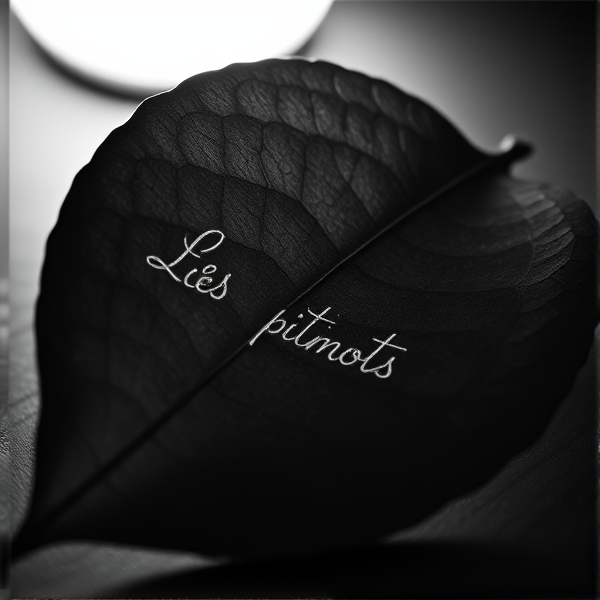 Une feuille sombre autour qui est éclairé par une lumière blanche. cette lumière éclairent "Les petits mots" en écriture curcive. Il faut que l'image soit chaude, en noir et blanc. La feuille se trouve sur une table