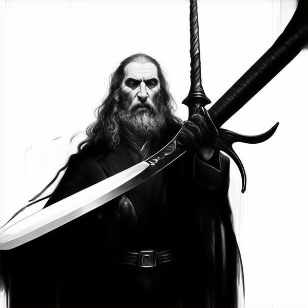 Seulement une épée longue européene à double tranchant représentant l'élément du feu placée verticalement, pommeau vers le haut. Vue d'ensemble.