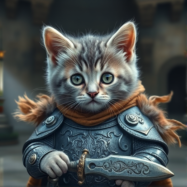 Gray Battle kitten in ancient armour