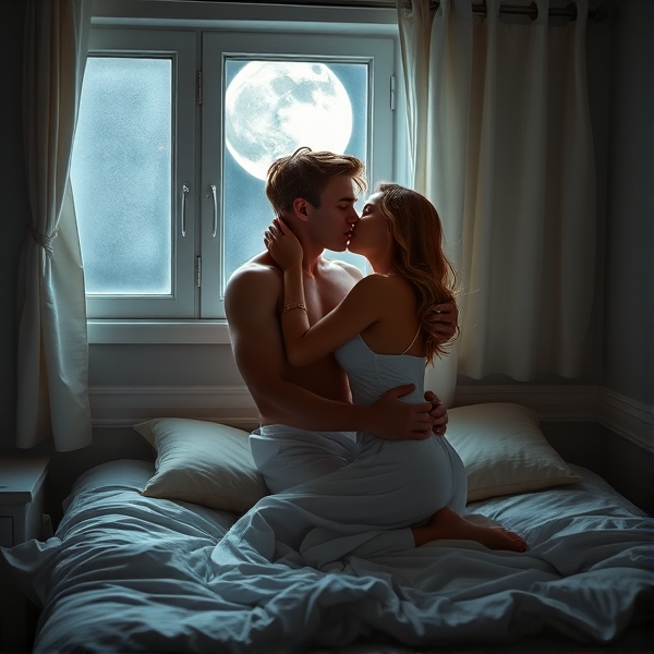 A moonlit sanctuary reveals itself within the cozy dimensions of a college dormitory, where the delicate silver light of the moon pours through a slightly ajar window, suffusing every nook and cranny with an ethereal glow. This celestial beam casts its serene radiance upon the room, painting it with an otherworldly tranquility. In this hushed space, only the tender whispers of lovers echo softly, lending to an air of reverence as though time itself has paused to honor their union. A tableau captures their deep connection—a duo of youthful spirits locked in a fervent embrace, their kiss weaving a story that speaks volumes of love's relentless grip on hearts entwined.

The male figure embodies an archetype of classical strength reminiscent of ancient Greek sculptures—his physique chiseled and well-defined, featuring broad shoulders and muscular arms that hold tension softened by passion. Strands of his lustrous golden hair catch hints of lunar brilliance, crowning him with a faint halo. His female partner is his equal in enchantment; her athletic yet distinctly feminine form is outlined by curves that tell tales of vigor intertwined with tenderness—a dualism highlighted by her voluptuous hair spilling like fluid silk onto the pillow beneath them.

Their nudity is hinted at with artistry but draped by translucent sheets which encase their conjoined bodies in graceful waves—their minimal gestures sketching out a dance as old as time itself. This portrayal does not merely capture physical longing but emotional depth too, expressing the sensuous alchemy between them without explicit display; it is an homage to closeness in its most vulnerable and magnificent state.

In this intimate moment shielded from the world outside, his strong arms enfold her while he carefully guides her down onto the mattress, embarking on their journey into physical communion under the gaze of a watchful moon.