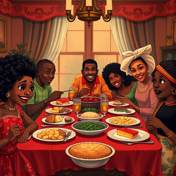 A lively African American family gathering around a richly adorned dinner table, sharing a traditional soul food meal with dishes such as fried chicken, collard greens, macaroni and cheese, cornbread, and sweet potato pie, all set in a warm and inviting dining room filled with laughter and storytelling