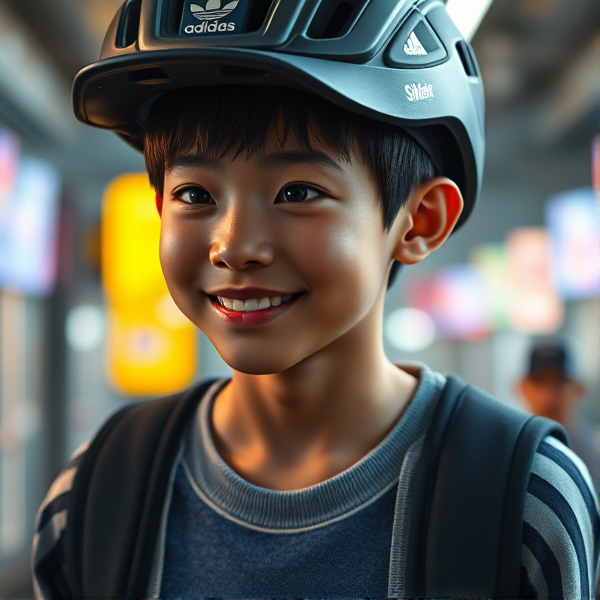 Adolescent japonais accroupis avec une casquette adidas et une longue cravate rayée, il regarde avec un regard furieux et souriant