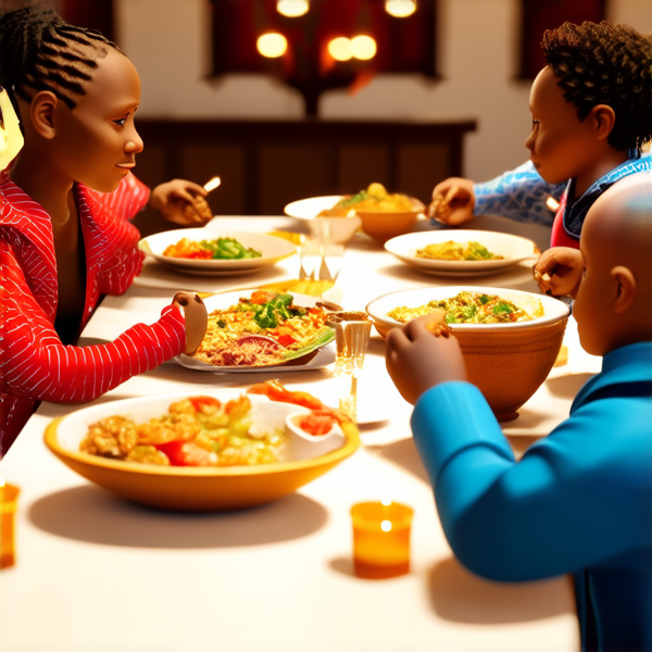 Repas de famille afro-américaine traditionnel, réunis autour d'une grande table avec des plats faits maison typiques