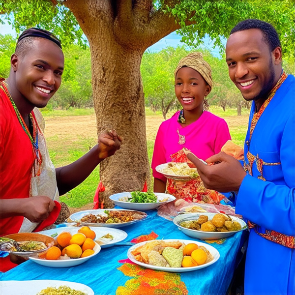 prompt: Un grand repas de famille traditionnel en plein air sous un baobab en Afrique, avec des plats locaux colorés et variés, des fruits exotiques, une grande nappe colorée, des hommes et femmes africains vêtus de tenues traditionnelles multicolores souriants et partageant un moment convivial