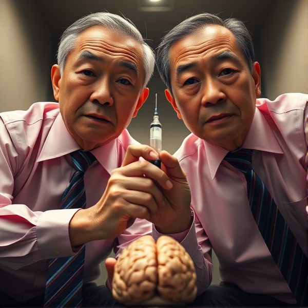 Deux hommes d'affaires chinois âgés sont accroupis côte à côte. Ils portent des longues cravates soyeuses aux motifs de rayures bleues et rouges, nouées parfaitement. Ils regardent droit dans l'objectif avec assurance, affichant des expressions graves et concentrées sur leurs visages éclairés. Chacun tient fermement une seringue hypodermique  plantée dans ce qui semble être une tête hors champ. La prise de vue en contre-plongée accentue leur stature dominante et imposante. Leurs chemises sont d'une teinte subtilement rose, apportant un contraste raffiné à leur tenue formelle. Les sourcils froncés et le regard perçant donnent à leur apparence un air intimidant qui évoque une certaine froideur implacable. Ensemble, ils pressent la seringue avec force, suggérant une destruction métaphorique du "cerveau" auquel elle est appliquée