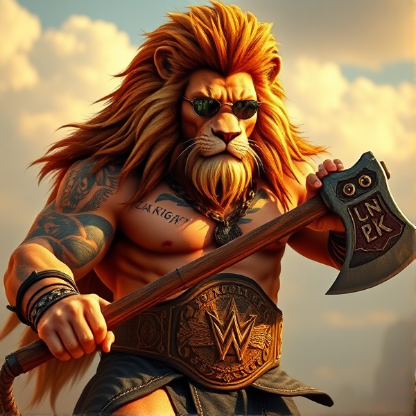 Un Lion barbare dieux du soleil une hache comme Léo escanor, avec des poils de lion et une carrure imposante et avec la ceinture de LA KNIGHT le catcheur et ces lunettes de soleil, il a un tatoo avec marqué LA KNIGHT