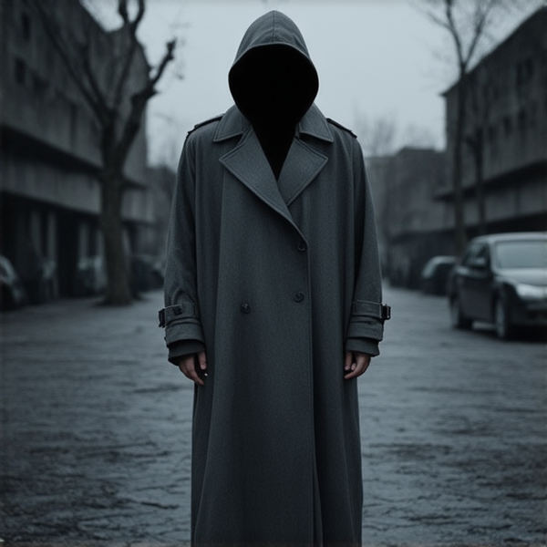 A solitary figure draped in an oversized, colorless trench coat, standing motionless at the center of a desolate urban square. Surrounding architecture is a blend of brutalist and Victorian styles, under a heavy, overcast sky that threatens rain. The subject's face is obscured by a shadowy hood, reflecting an utter lack of interest in the withered, leafless tree beside them and the abandoned paper littering the ground. The image is rendered in hyperrealistic detail with a focus on texture contrast: rough concrete against smooth, worn fabric. Lighting is flat and diffuse, mimicking the emotionless tone; no shadows are cast. The camera view is head-on at eye level from a medium distance, ensuring the figure's apathetic stance dominates the composition