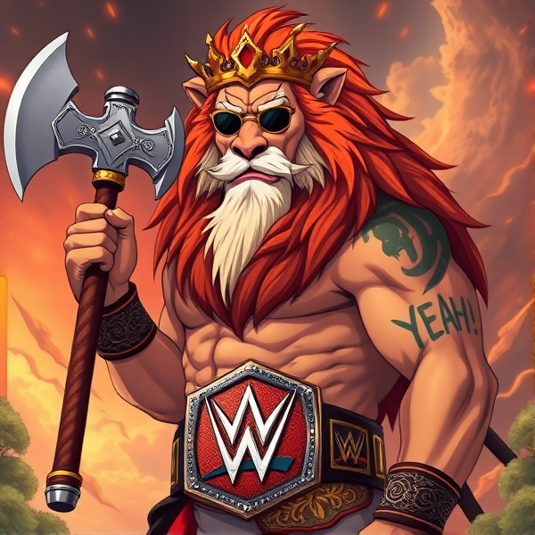 Un lion barbare dieux du soleil, il tien une hache dans la main, avec des poils de lion et une couronne et une carrure imposante et sans collier et avec la ceinture de la wwe le catcheur et ces lunettes de soleil, il a un tatoo sur le bras écris YEAH!