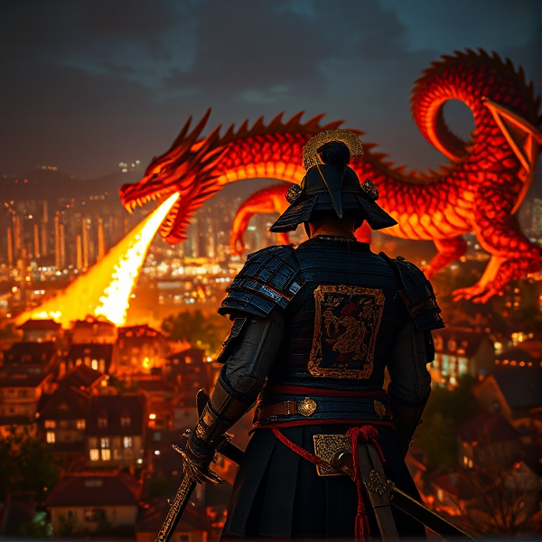 Samurai overlooking the village at night with a dragon breathing fire at the village in the distance