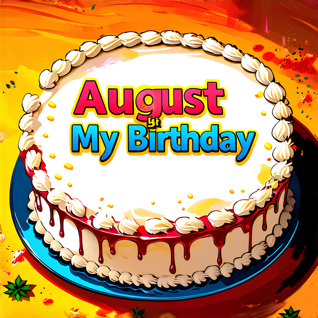 Un gâteau d’anniversaire, avec le 5 août mon anniversaire écris dessus avec un effet coulant