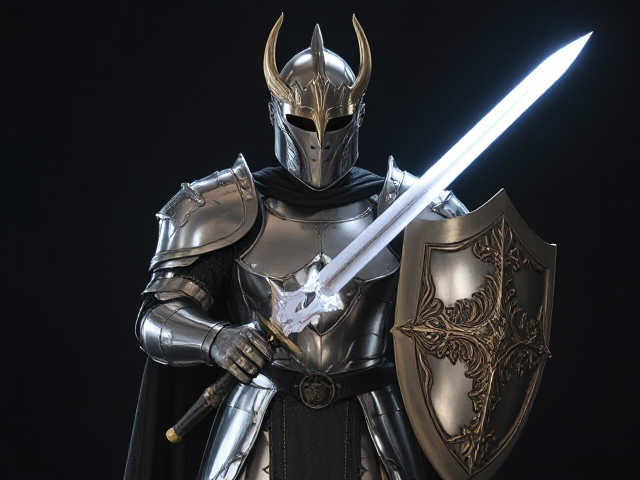 A paladin wearing platinum plate full armor, and a helmet that covers it's face and head, holding a sword made of radiant light in it's right left right hand and a shield that resembles the face of a dragon in it's left hand