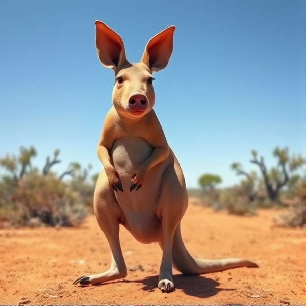 Fantastical creature with the body of a kangaroo and the features of a pig, standing in an Australian outback setting with clear blue skies and arid vegetation